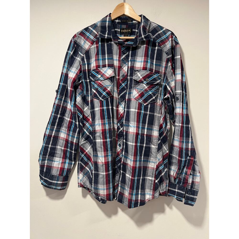 Helix Plaid Button Down Shirt Athletic Fit Western Style Blue Red Large JL